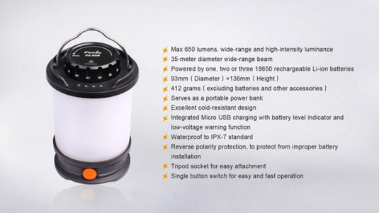 Fenix CL30R – 650 Lumens Rechargeable LED Camping Lantern Black